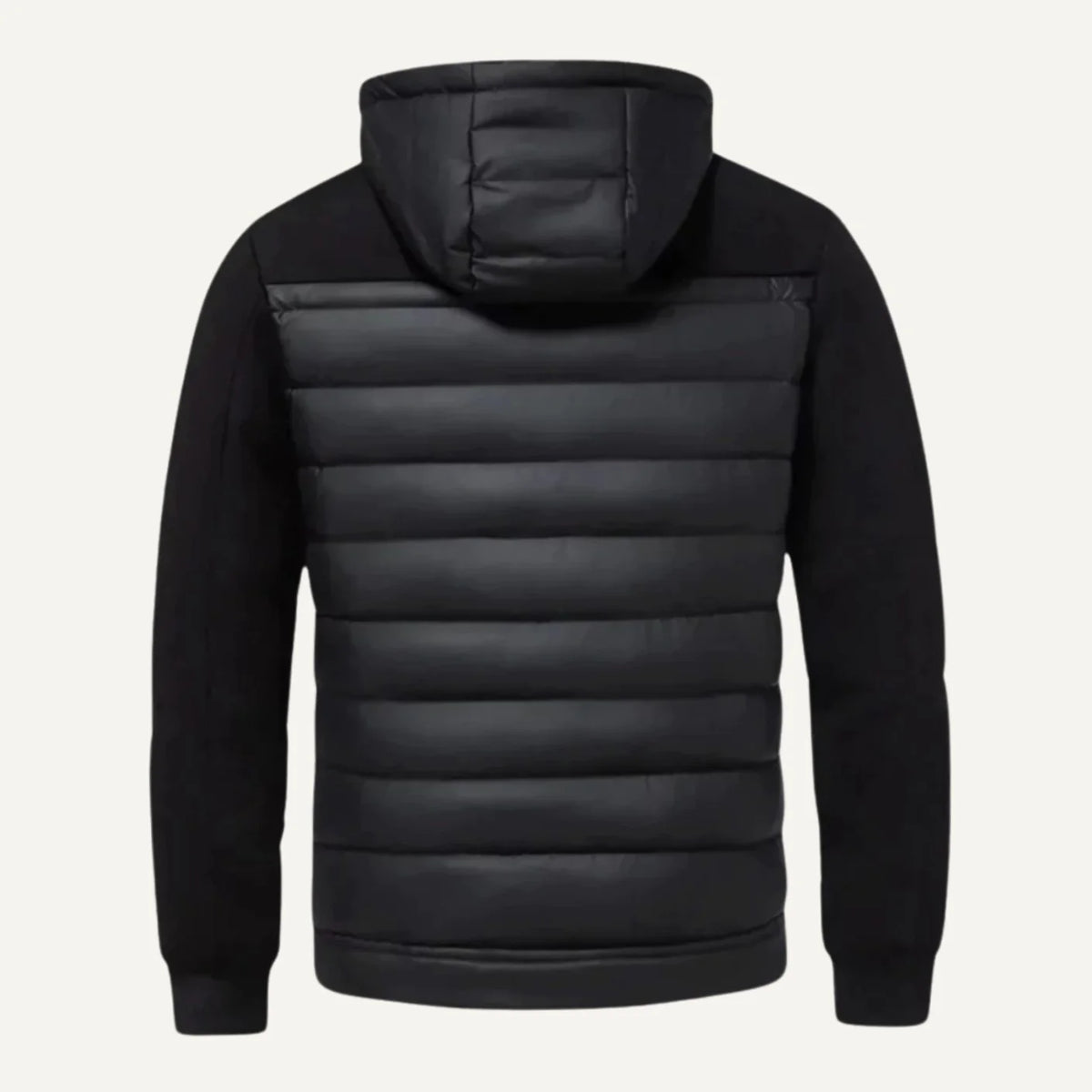 Black Men's Quilted Winter Jacket with Hood & Stretch Sleeves — Hudson - Flat Lay Back