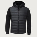 Black Men's Quilted Winter Jacket with Hood & Stretch Sleeves — Hudson - Flat Lay Front