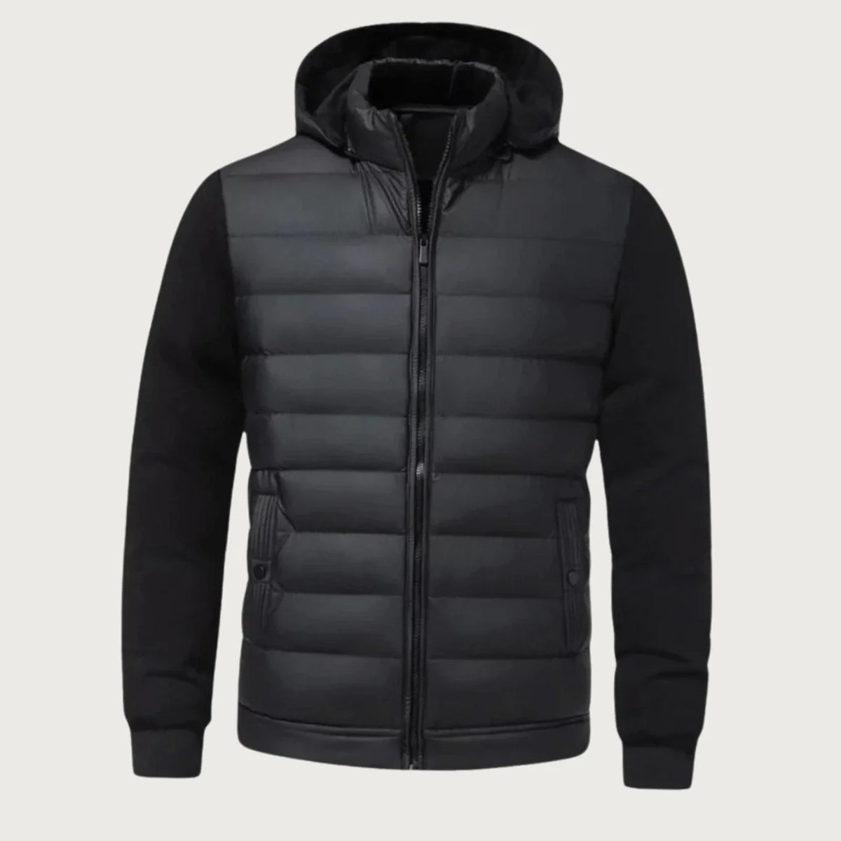 Black Men's Quilted Winter Jacket with Hood & Stretch Sleeves — Hudson - Flat Lay Front