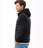 Black Men's Quilted Winter Jacket with Hood & Stretch Sleeves — Hudson - Side Profile
