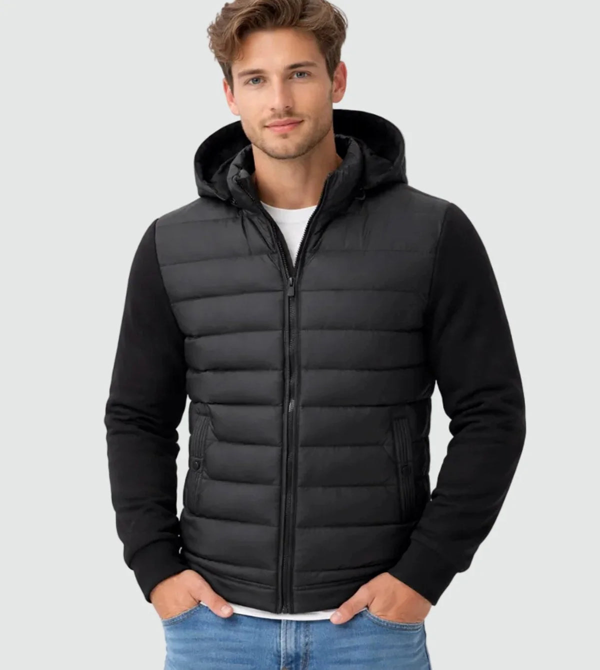 Black Men's Quilted Winter Jacket with Hood & Stretch Sleeves — Hudson