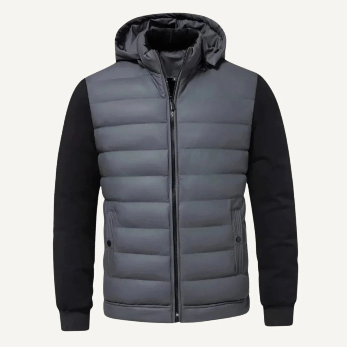 Grey Men's Quilted Winter Jacket with Hood & Stretch Sleeves — Hudson - Flat Lay Front