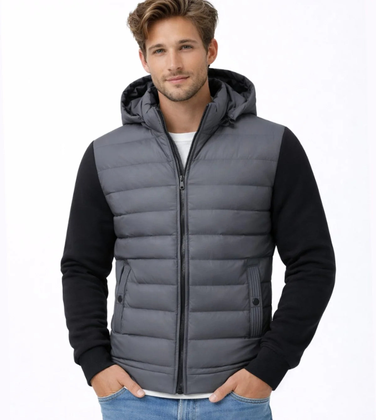 Grey Men's Quilted Winter Jacket with Hood & Stretch Sleeves — Hudson