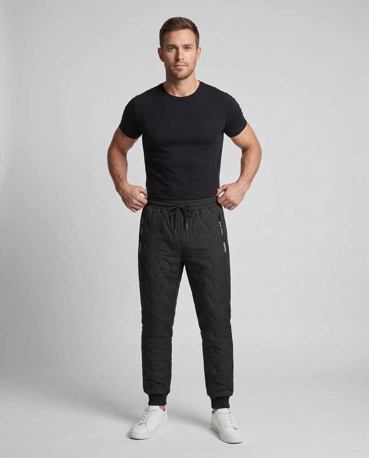 Black Men's Insulated Winter Pants with Elastic Waistband & Zip Pockets — Eli - Front Full