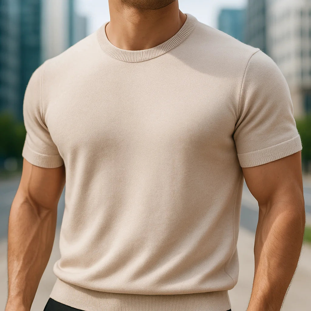 Beige Men's Knit T-Shirt with Crew Neckline & Ribbed Trim Detailing — Hayden