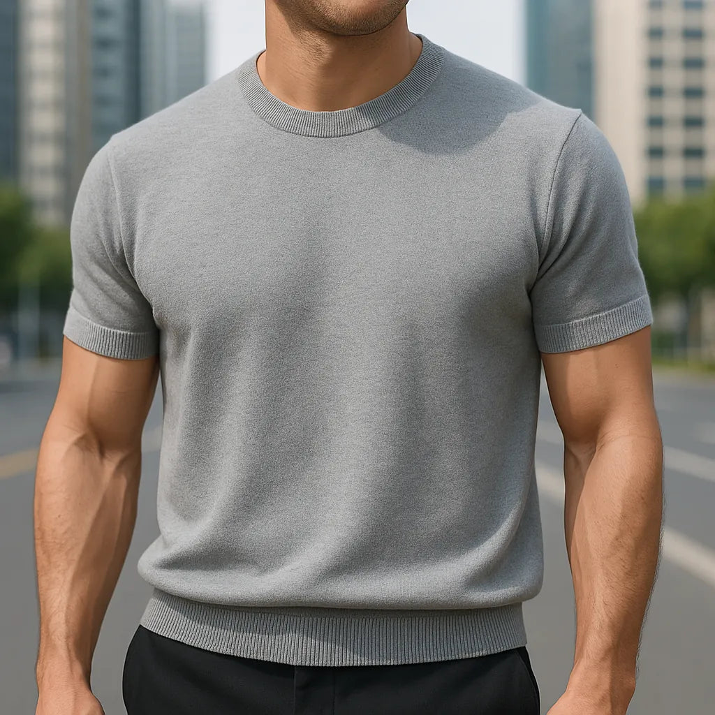 Gray Men's Knit T-Shirt with Crew Neckline & Ribbed Trim Detailing — Hayden