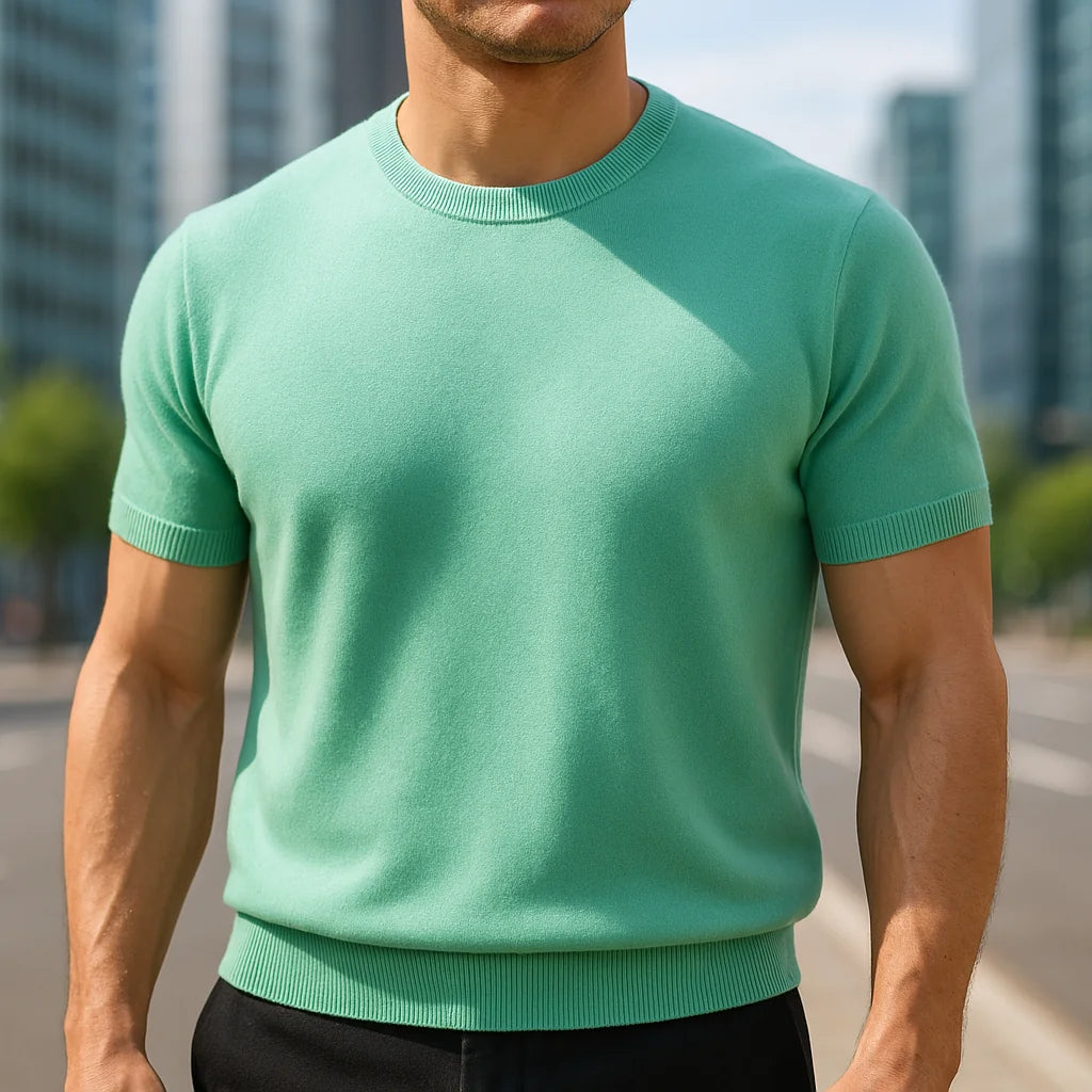 Green Men's Knit T-Shirt with Crew Neckline & Ribbed Trim Detailing — Hayden