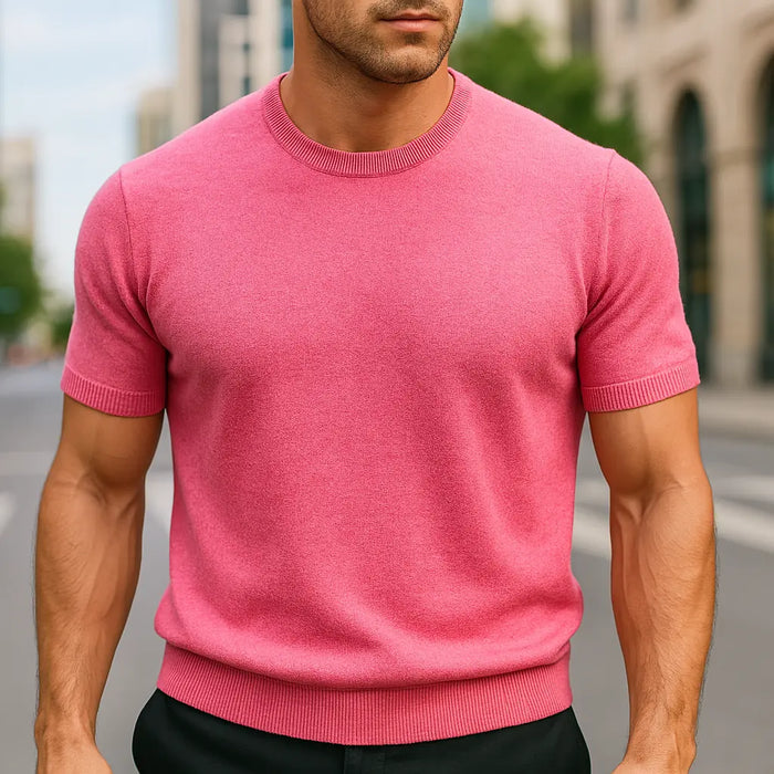Pink Men's Knit T-Shirt with Crew Neckline & Ribbed Trim Detailing — Hayden