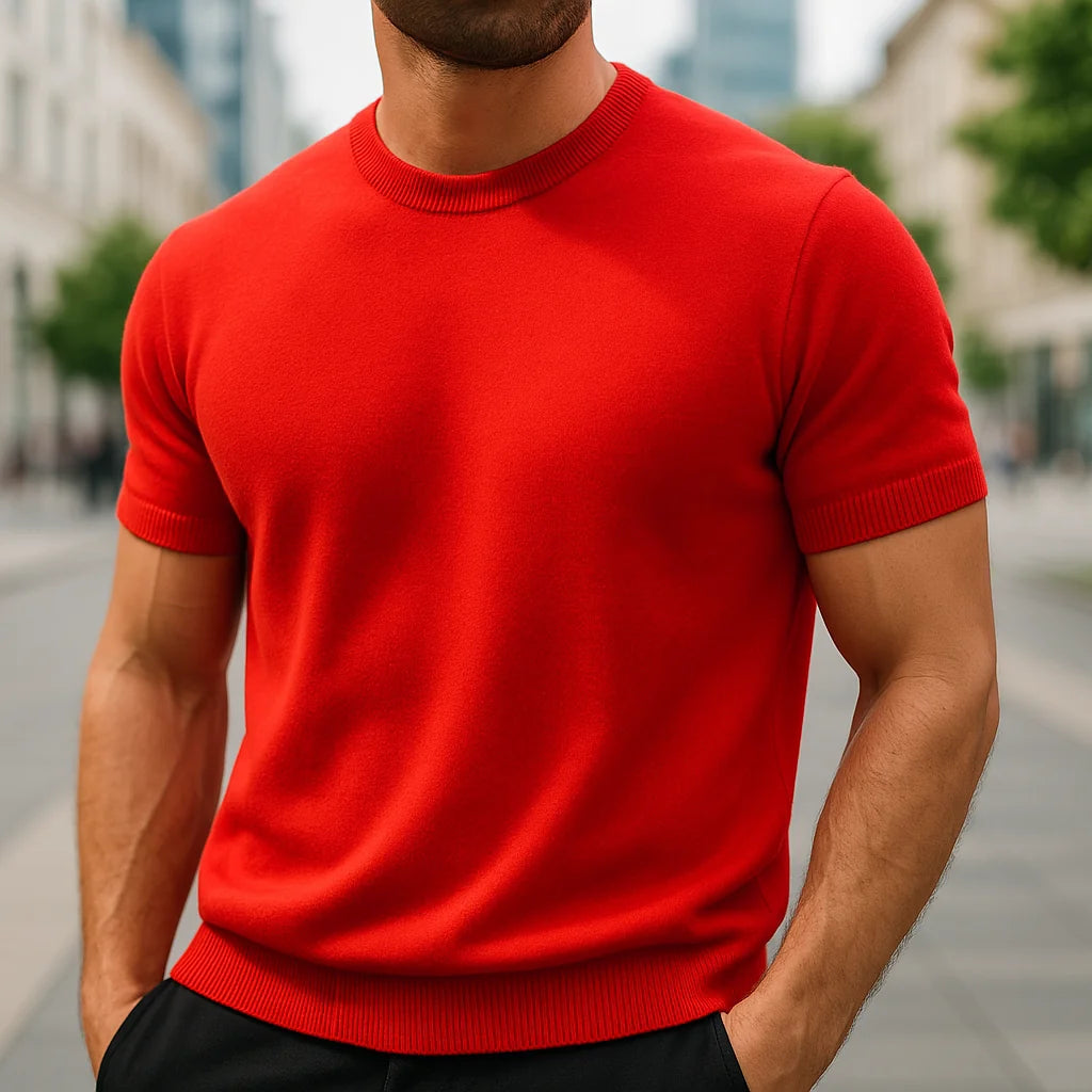 Red Men's Knit T-Shirt with Crew Neckline & Ribbed Trim Detailing — Hayden