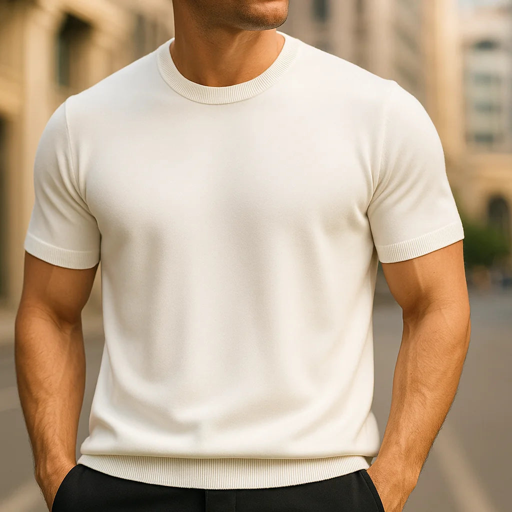 White Men's Knit T-Shirt with Crew Neckline & Ribbed Trim Detailing — Hayden