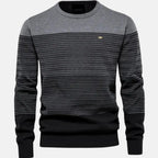 Gray Men's Striped Knit Sweater with Ribbed Trim & Relaxed Fit