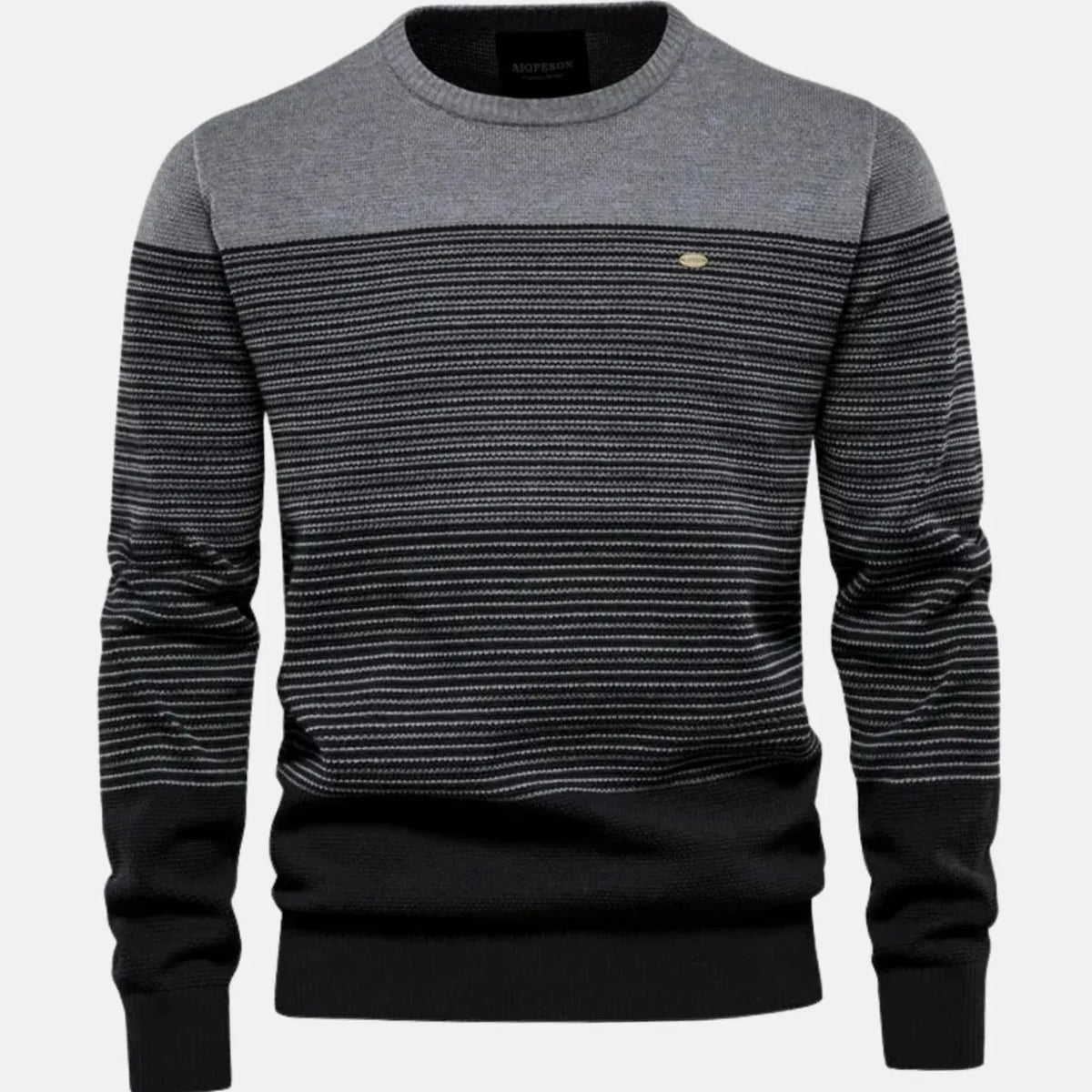 Gray Men's Striped Knit Sweater with Ribbed Trim & Relaxed Fit
