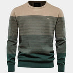 Green Men's Striped Knit Sweater with Ribbed Trim & Relaxed Fit