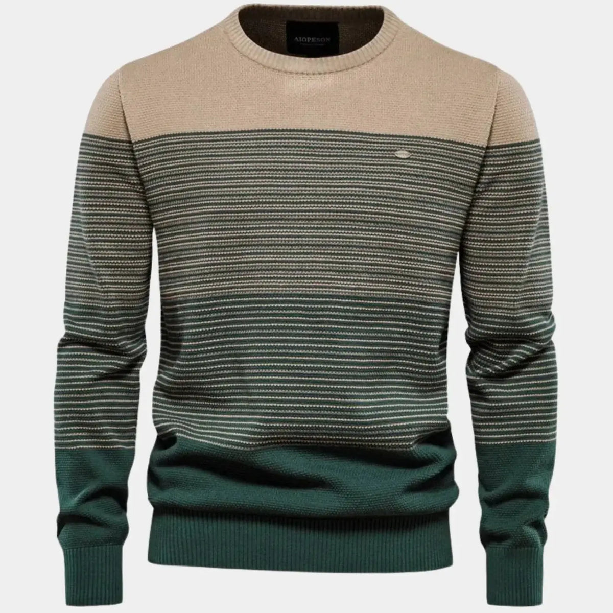 Green Men's Striped Knit Sweater with Ribbed Trim & Relaxed Fit