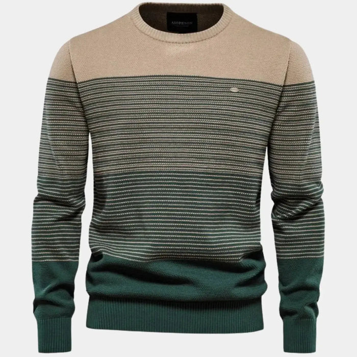 Green Men's Striped Knit Sweater with Ribbed Trim & Relaxed Fit