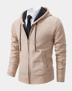 Beige Men's Zip Hoodie with Knitted Finish, Lined Hood & Ribbed Cuffs
