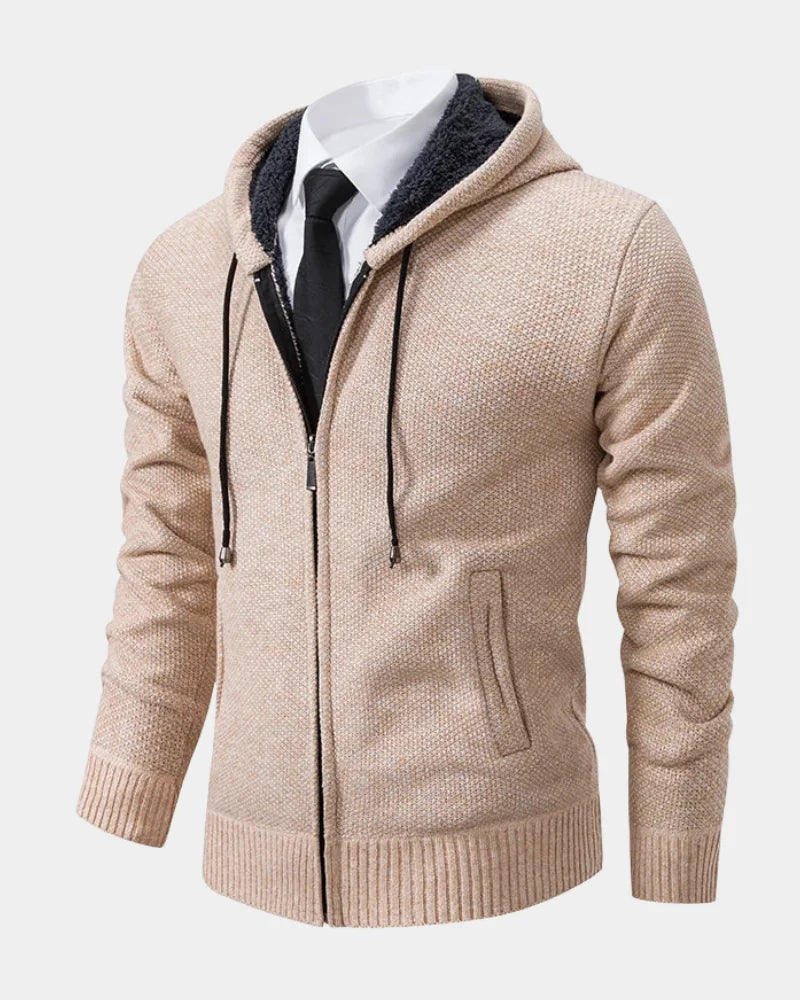 Beige Men's Zip Hoodie with Knitted Finish, Lined Hood & Ribbed Cuffs
