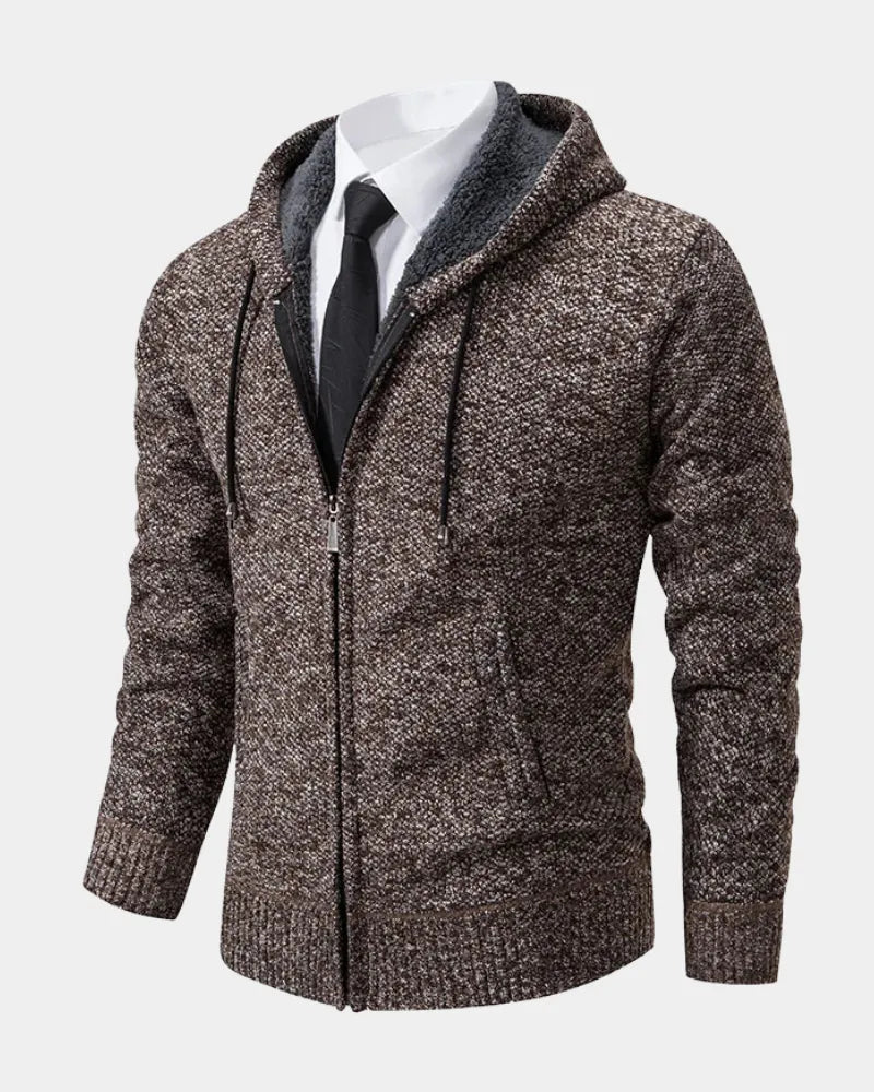 Coffee Men's Zip Hoodie with Knitted Finish, Lined Hood & Ribbed Cuffs - Front Angle Pose