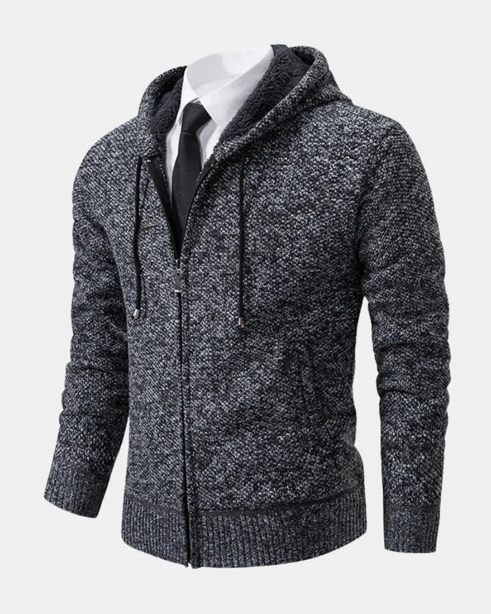 Dark Grey Men's Zip Hoodie with Knitted Finish, Lined Hood & Ribbed Cuffs