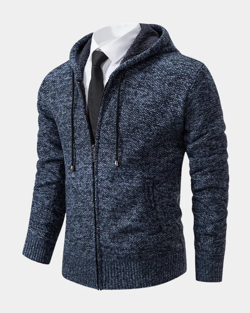 Grey Men's Zip Hoodie with Knitted Finish, Lined Hood & Ribbed Cuffs