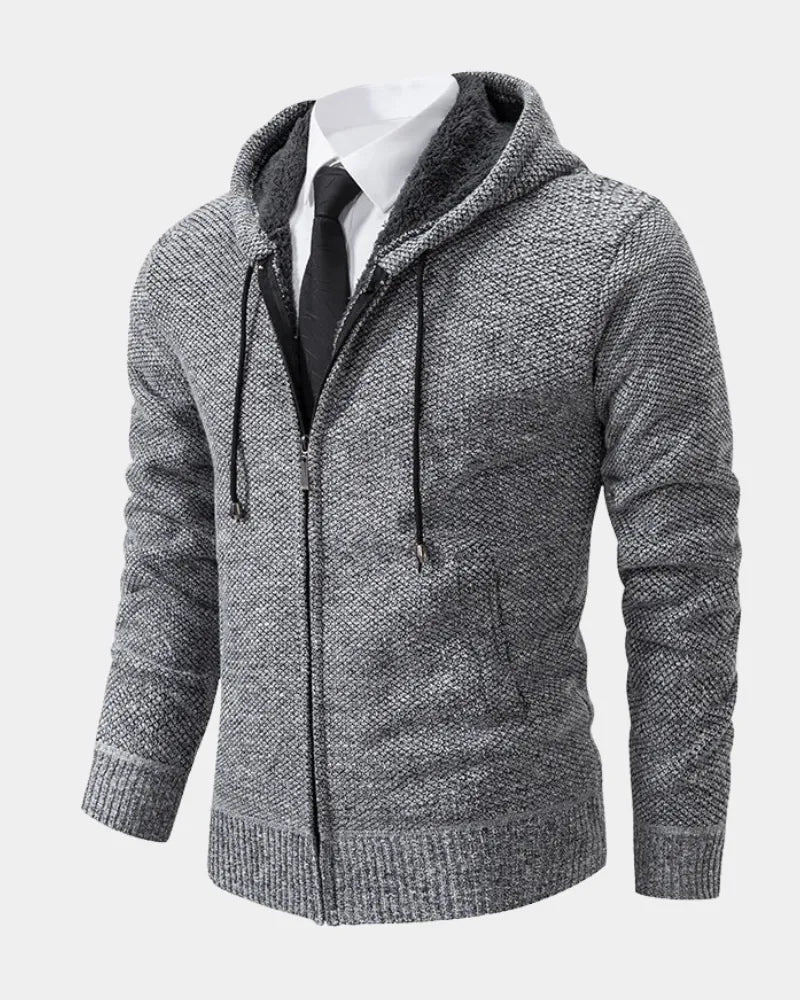 Light Grey Men's Zip Hoodie with Knitted Finish, Lined Hood & Ribbed Cuffs