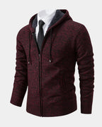 Wine Red Men's Zip Hoodie with Knitted Finish, Lined Hood & Ribbed Cuffs - Front Tie Styling