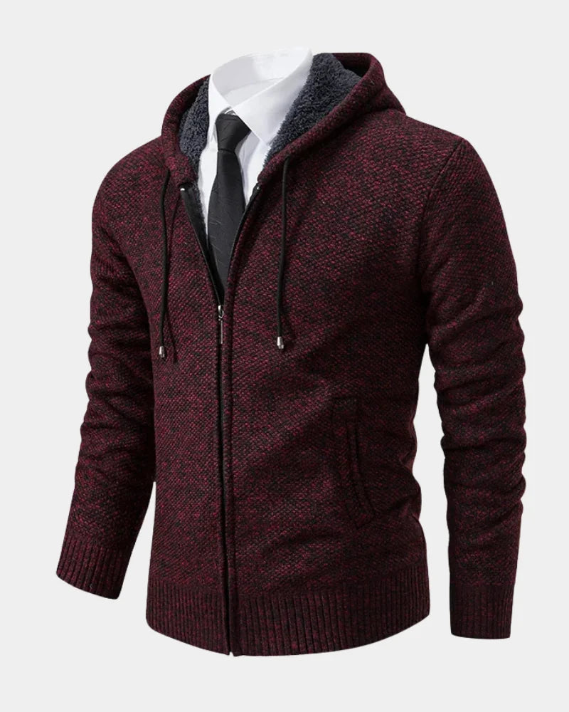 Wine Red Men's Zip Hoodie with Knitted Finish, Lined Hood & Ribbed Cuffs - Front Tie Styling