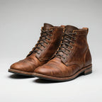 Brown Men's Lace-Up Ankle Boots with Cap Toe & Stitched Detailing - Studio Front Angle