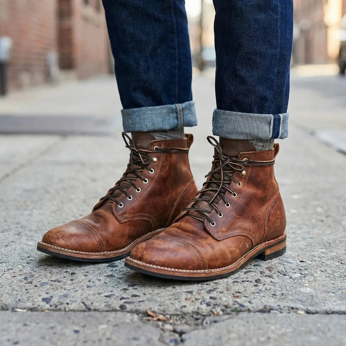 Brown Men's Lace-Up Ankle Boots with Cap Toe & Stitched Detailing - Worn Lifestyle