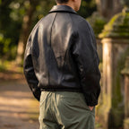 Black Men's Leather Jacket with Relaxed Fit & Soft Pebbled Texture - Back Detail