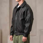 Black Men's Leather Jacket with Relaxed Fit & Soft Pebbled Texture - Side Pose