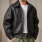 Black Men's Leather Jacket with Relaxed Fit & Soft Pebbled Texture