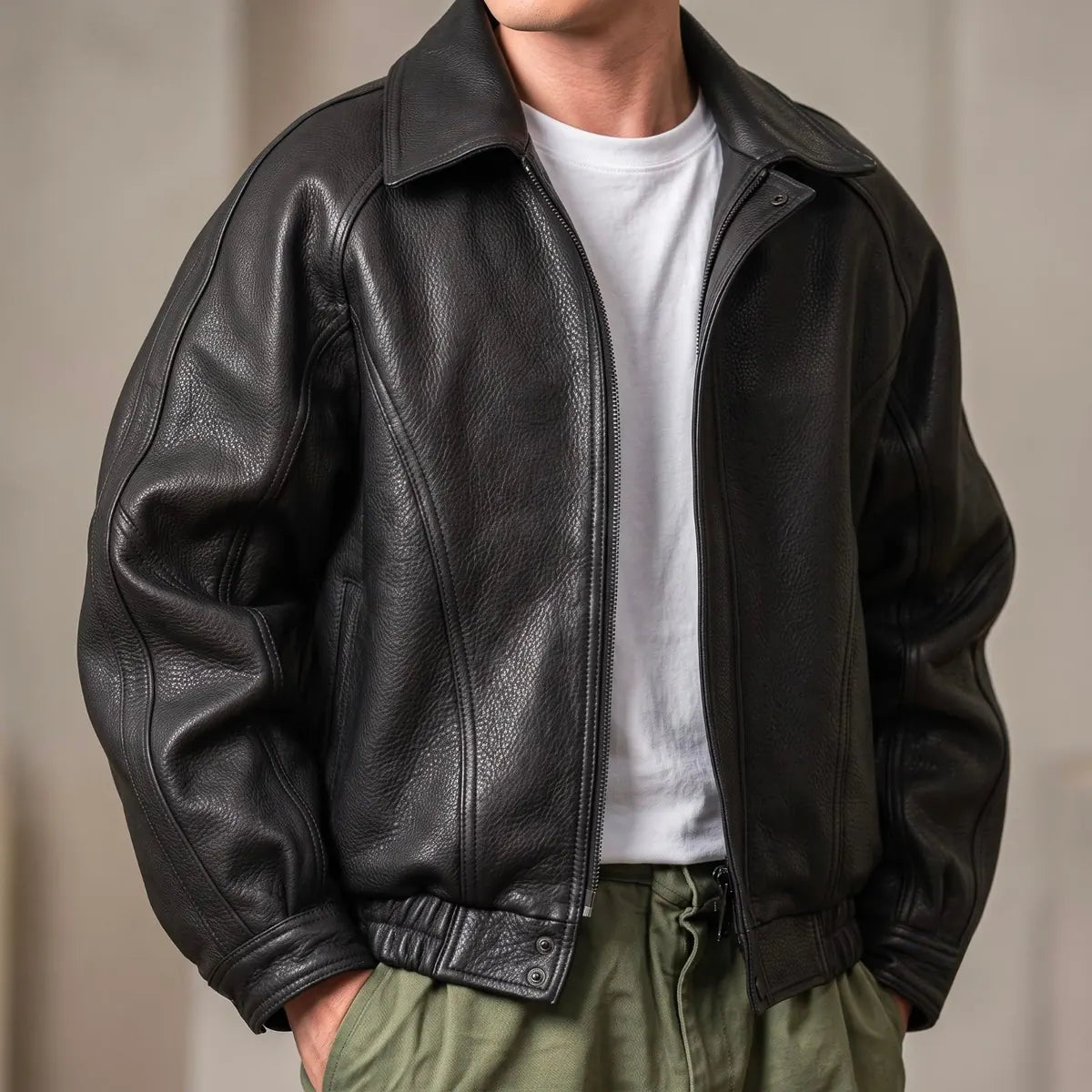 Black Men's Leather Jacket with Relaxed Fit & Soft Pebbled Texture