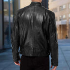 Men's Leather Jacket with Snap-Button Collar & Zip Pockets - Back Worn Outdoor