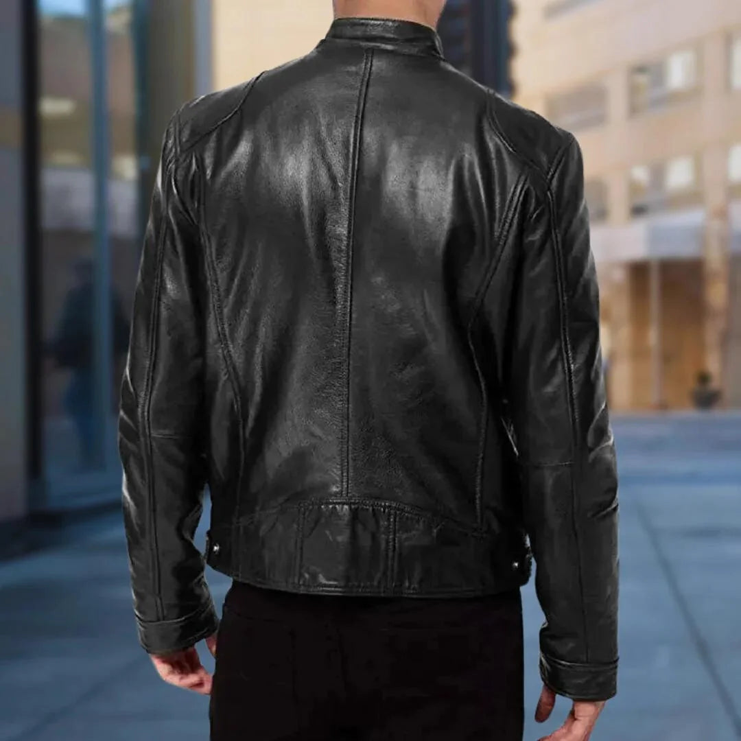 Men's Leather Jacket with Snap-Button Collar & Zip Pockets - Back Worn Outdoor