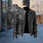 Men's Leather Jacket with Snap-Button Collar & Zip Pockets - Outdoor Collage