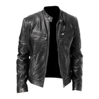 Black Men's Leather Jacket with Snap-Button Collar & Zip Pockets
