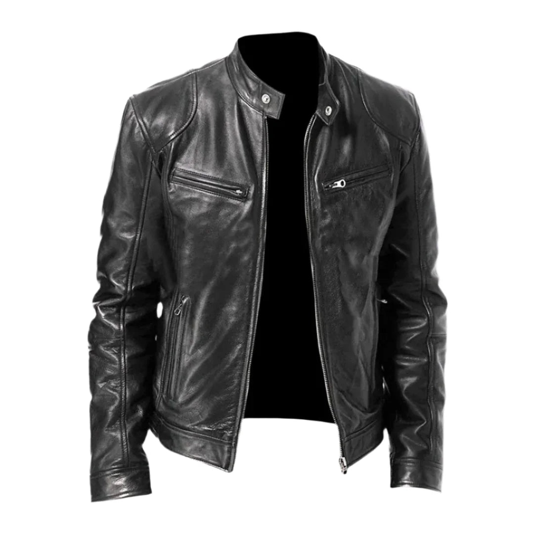 Black Men's Leather Jacket with Snap-Button Collar & Zip Pockets