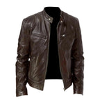 Brown Men's Leather Jacket with Snap-Button Collar & Zip Pockets