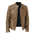 Khaki Men's Leather Jacket with Snap-Button Collar & Zip Pockets