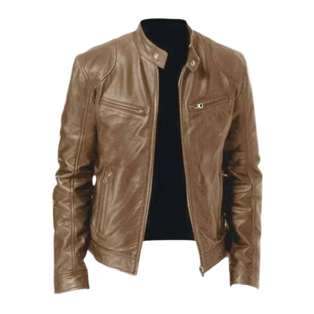 Khaki Men's Leather Jacket with Snap-Button Collar & Zip Pockets