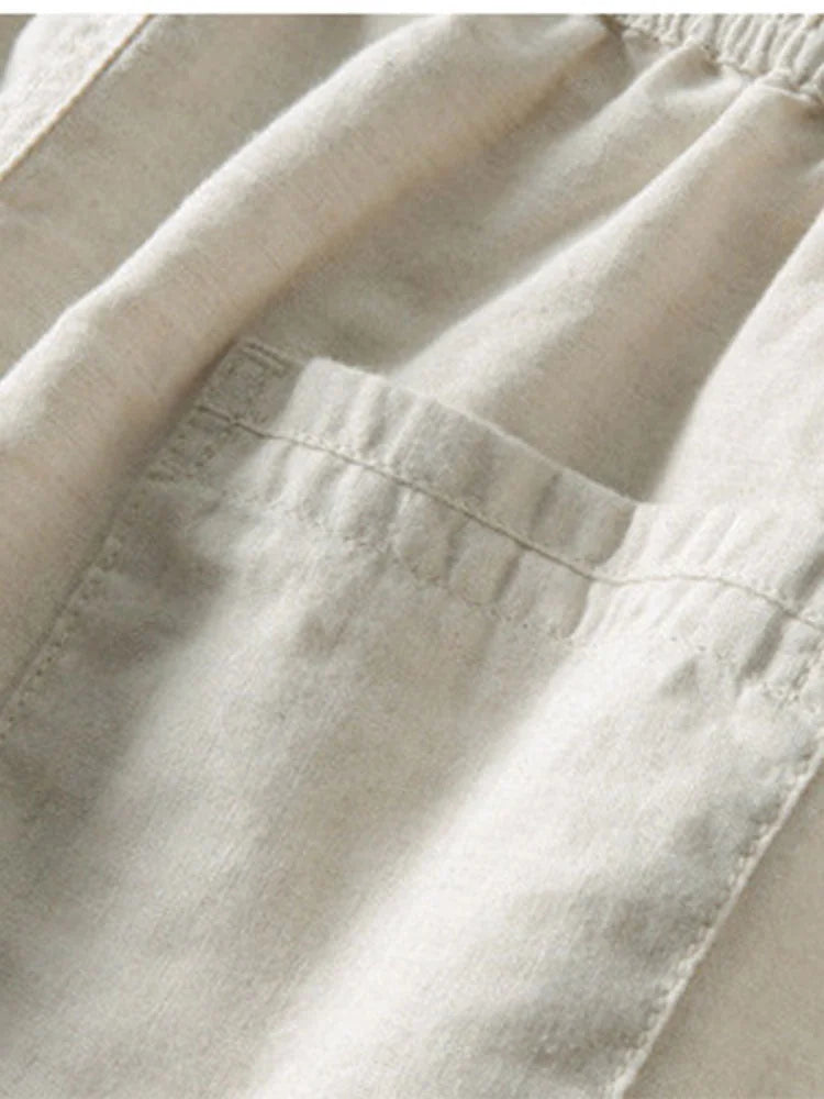 Beige Men's Linen Shirt & Trousers Co-Ord Set — Everett Band Collar Short Sleeve - Back Pocket Detail