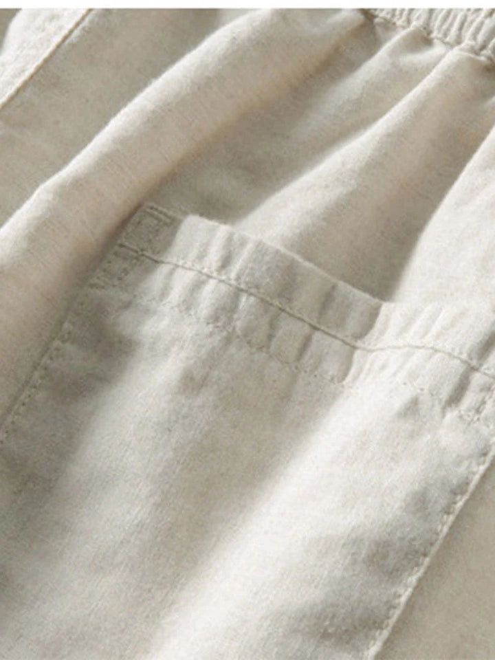 Beige Men's Linen Shirt & Trousers Co-Ord Set — Everett Band Collar Short Sleeve - Back Pocket Detail
