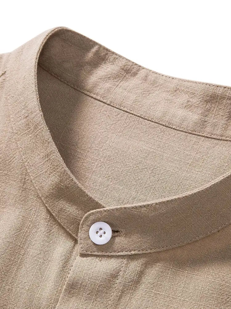 Beige Men's Linen Shirt & Trousers Co-Ord Set — Everett Band Collar Short Sleeve - Close Up Collar