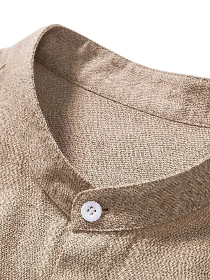 Beige Men's Linen Shirt & Trousers Co-Ord Set — Everett Band Collar Short Sleeve - Close Up Collar