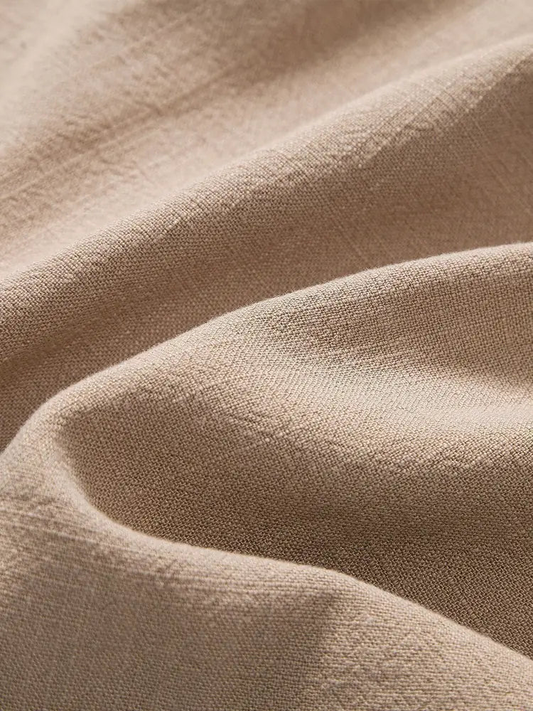Beige Men's Linen Shirt & Trousers Co-Ord Set — Everett Band Collar Short Sleeve - Fabric Detail