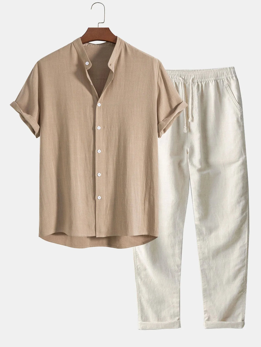 Beige Men's Linen Shirt & Trousers Co-Ord Set — Everett Band Collar Short Sleeve - Front Hanger