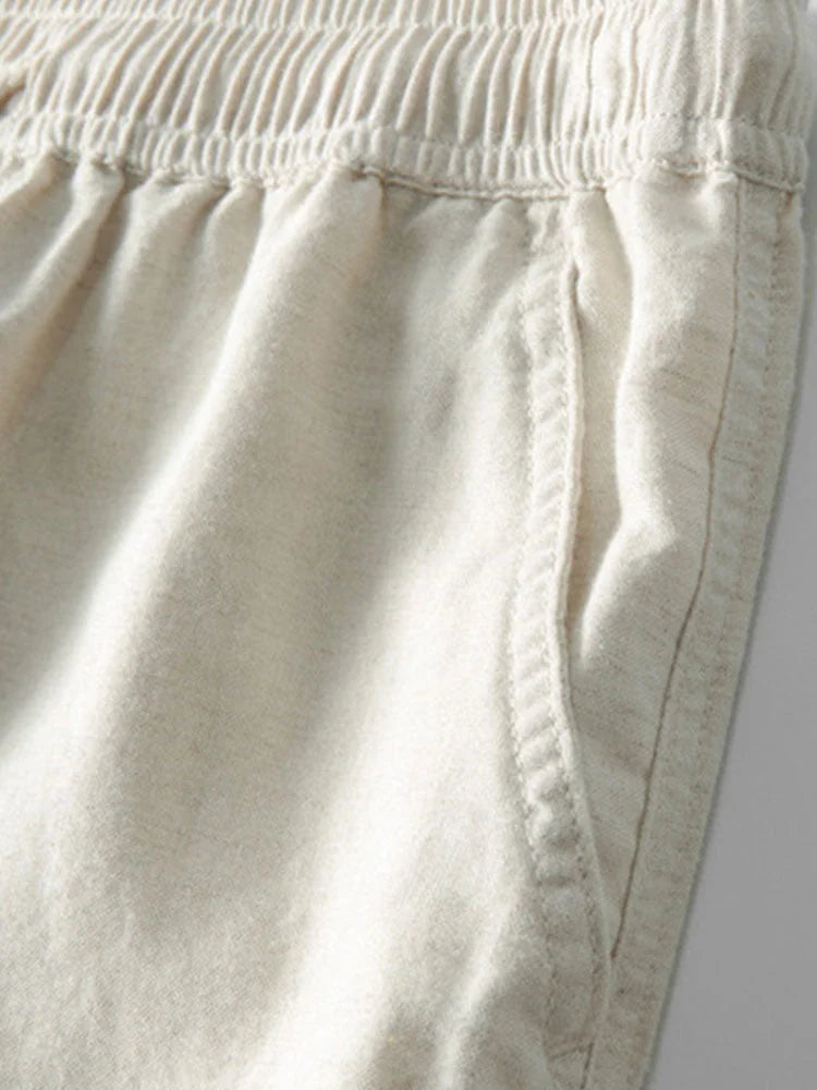 Beige Men's Linen Shirt & Trousers Co-Ord Set — Everett Band Collar Short Sleeve - Pocket Detail