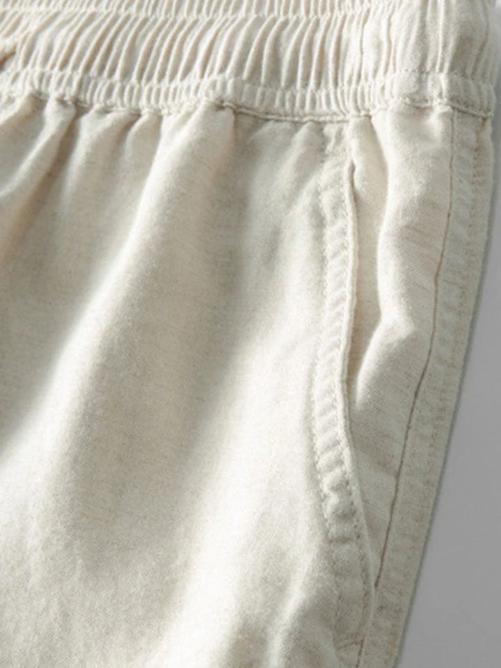 Beige Men's Linen Shirt & Trousers Co-Ord Set — Everett Band Collar Short Sleeve - Pocket Detail