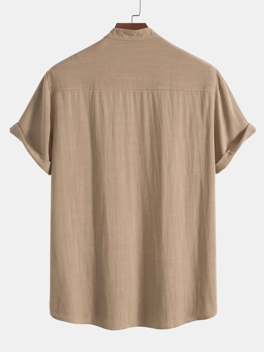 Beige Men's Linen Shirt & Trousers Co-Ord Set — Everett Band Collar Short Sleeve - Shirt Back